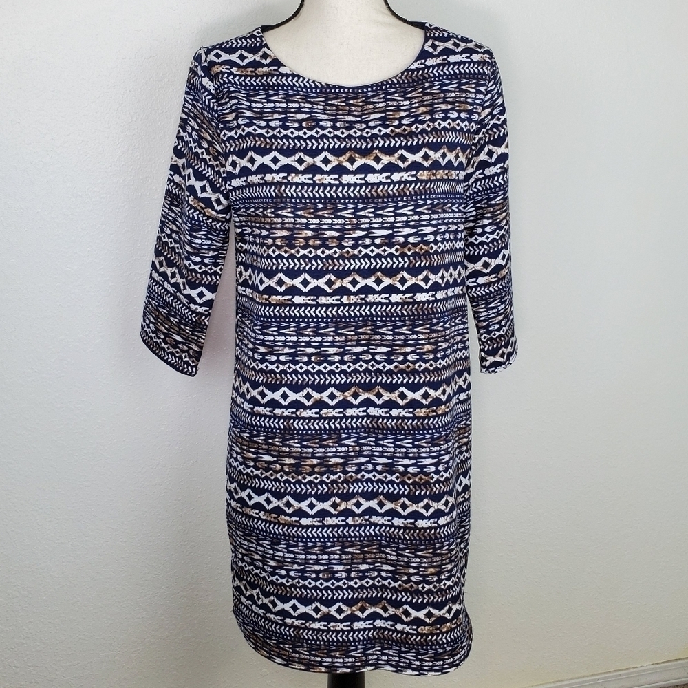 EVERLY Blue, Brown, White Patterned Lined Dress, M